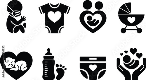 Baby care, infancy, and family love icons for product design