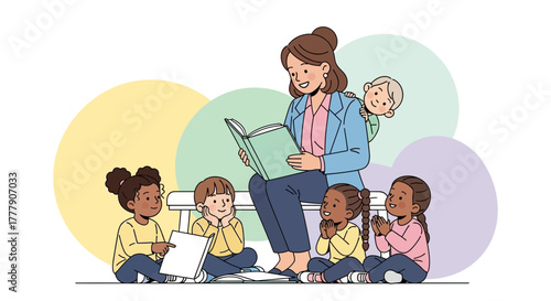 Teacher Reads Storybook To Diverse Young Students In An Elementary School