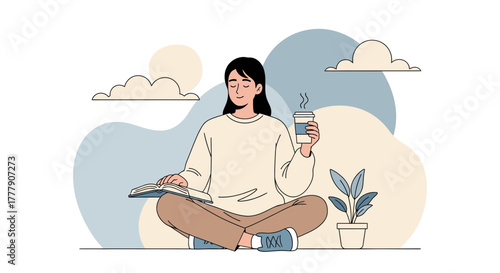 Woman Enjoying Coffee and Book in a Peaceful Setting with Cloudy Background