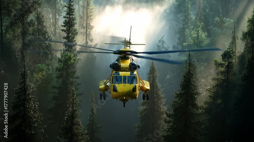 Firefighting helicopter hovers above dense forest, releasing water to combat flames, showcasing aerial action and environmental impact, camera follows motion