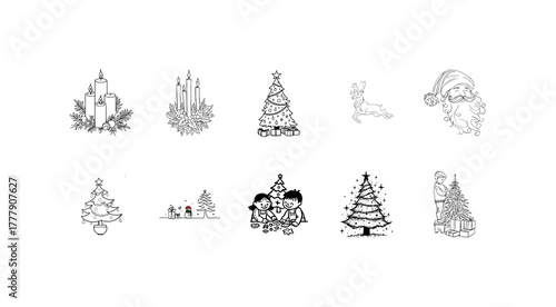 Winter Boy Christmas Tree Line Drawing, Santa Claus Face Vector Illustration Drawing, Illustration of an Advent Wreath with four Candles