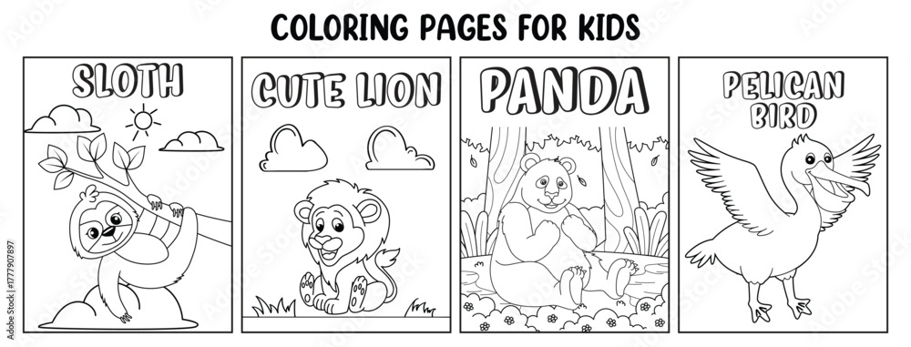 Naklejka premium Coloring pages for kids featuring sloth lion panda and pelican bird coloring book