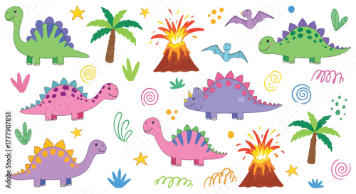 Set of cute doodle dinosaurs for greeting cards and invitations design hand drawn jurassic animals