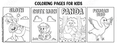 Coloring pages for kids featuring sloth lion panda and pelican bird coloring book
