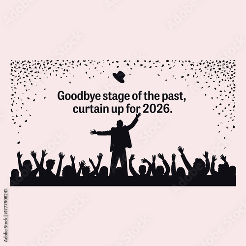 Silhouette of performer throwing hat in air above cheering crowd confetti falling on pink background