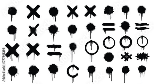 Collection of spray paint graffiti elements, including crosses, circles, and other symbols