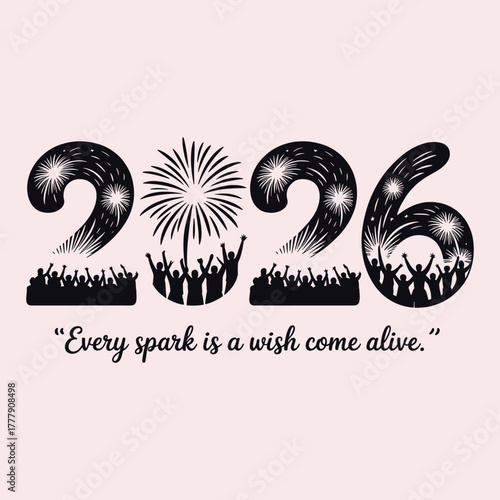 2026 New Year celebration with fireworks and cheering crowd silhouette vector