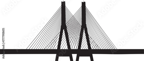 Modern cable stayed bridge design with two tall towers and intricate wire suspension system against a white background