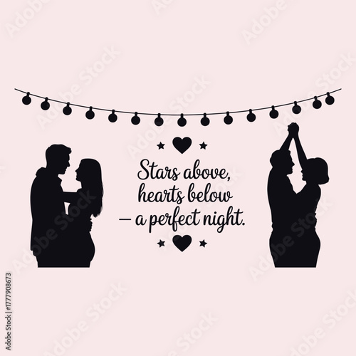 Silhouette couple embracing under string lights with romantic text love romance