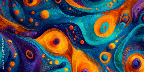 Intricate abstract pattern resembling peacock feathers with detailed textures in vivid blue, orange, and purple, evoking a sense of wonder
