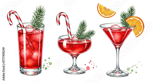 Three festive red christmas cocktails with candy canes and orange slices isolated on transparent background