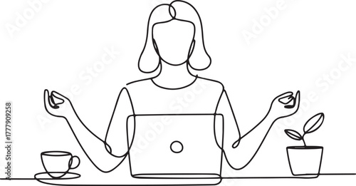Line Art of Meditating Woman with Laptop and Coffee
