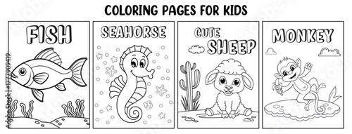 Four cartoon animal coloring pages fish seahorse sheep monkey kids children
