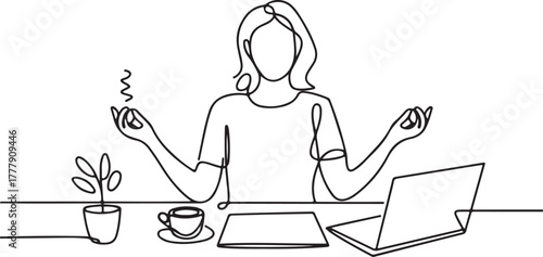 Woman practicing meditation at desk with laptop and coffee