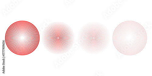 Red concentric ripple circles set. Sonar or sound wave rings collection. Epicentre, target, radar icon concept. Radial signal or vibration elements. Halftone vector illustration