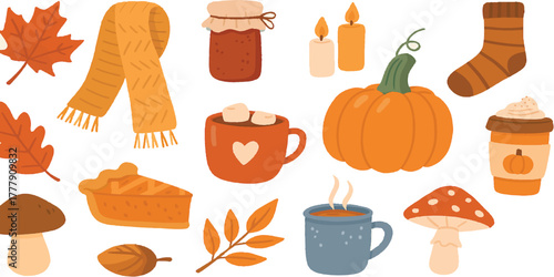 Autumn sticker set. Cozy fall icons. Scarf, candles, hot cocoa, socks, pie, pumpkin spice latte, mug, jam, leaves, mushrooms. Cute autumn holiday elements. Vector flat illustration. 

