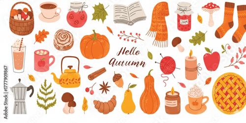 Autumn hand drawn sticker set. Cozy hand drawn autumn elements. Cute fall stickers, scarf, candles, hot cocoa, socks, pie, pumpkin spice latte, mug, jam, leaves, mushrooms. Vector flat illustration. 