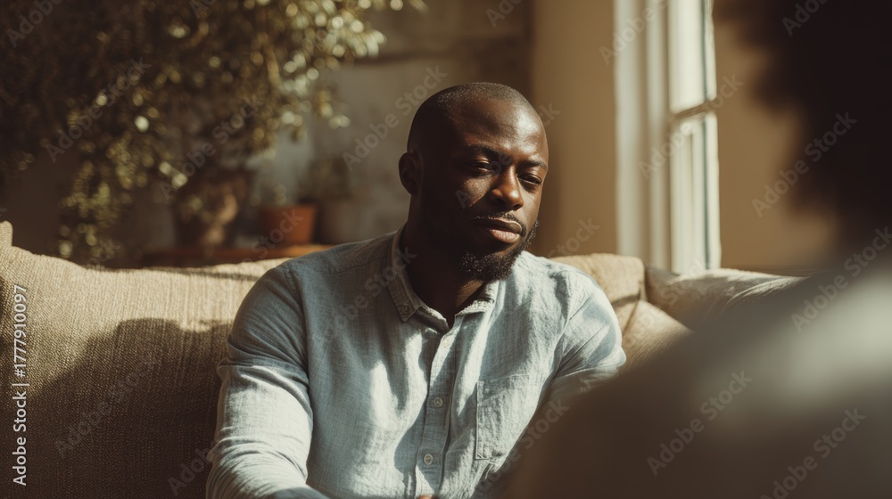Fototapeta premium Man in Thoughtful Conversation with Psychologist in Warmly Lit Interior