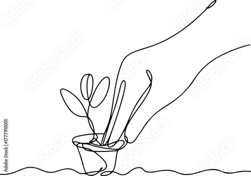 Minimalist single line drawing of a hand planting a seedling in a pot on a wavy surface