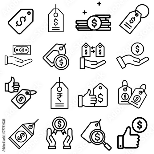Professional Price Icon Set Showing Discount Offers, Sale Tags, Financial Cost, Money Value, E-Commerce Shopping, and Business Marketing Elements.