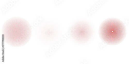 Red concentric ripple circles set. Sonar or sound wave rings collection. Epicentre, target, radar icon concept. Radial signal or vibration elements. Halftone line vector illustration