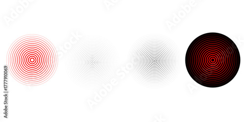 Red concentric ripple circles set. Sonar or sound wave rings collection. Epicentre, target, radar icon concept. Radial signal or vibration elements. Halftone line vector illustration