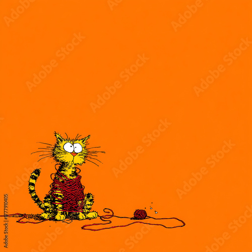Funny Cat Tangled in Yarn Cartoon Illustration