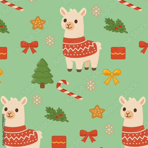  Alpaca with Christmas and New Year attributes. Vector Pattern