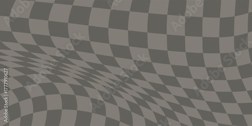 Trippy checkerboard background. Retro psychedelic checkered wallpaper. Wavy groovy chessboard surface. Distorted geometric pattern. Abstract monochrome vector backdrop