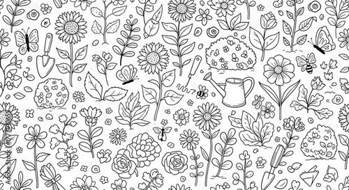 Seamless Garden Floral Pattern with Flowers, Plants and Gardening Tools on Isolated White Background