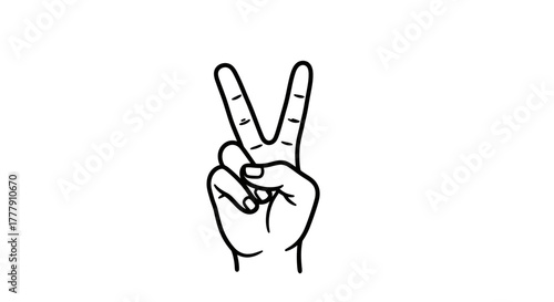 Human Hand Gesturing Peace or Victory Sign in Line Art on Isolated White Background