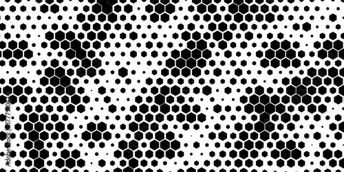 Hexagon halftone gradient texture. Abstract black grunge background. Geometric retro halftone tech overlay. Fading wavy hexagonal pattern backdrop. Vector vanishing honeycomb grunge bitmap wallpaper