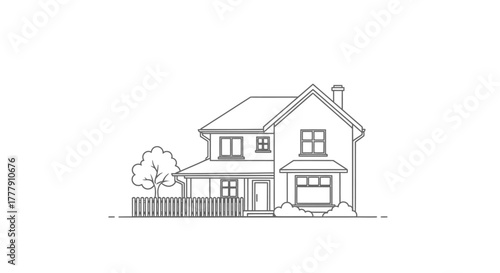 Traditional Residential House with Trees and Fence in Line Art on Isolated White Background