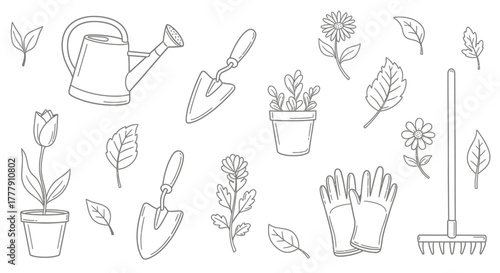 Gardening Tools and Plants Outline Set on Isolated White Background, Hobby and Cultivation Concept