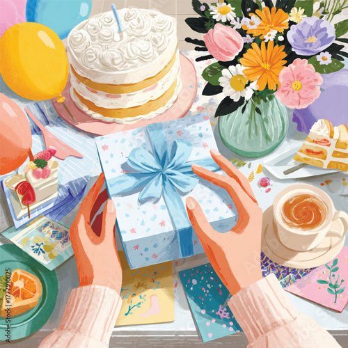 Colorful vector of birthday celebration table with cake, flowers, tea, and hands unwrapping a gift. Festive and cozy holiday illustration with details. Vector illustration
