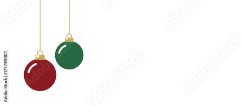 Christmas ornaments in red and green hanging on a white background  