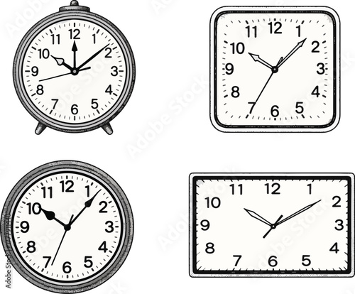 Collection of clocks in various shapes, hand drawn in black and white, time and measurement