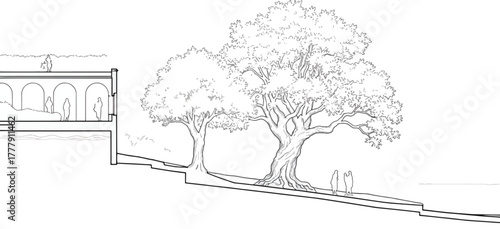 Sketch of a building with arches and trees, creating a serene and artistic architectural landscape