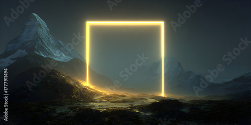 A glowing yellow square portal hovers over a rugged, mountainous landscape at dusk, with dramatic lighting and atmospheric fog creating a sense of mystery and wonder