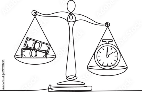Continuous line drawing of a balanced scale with money and a stopwatch, representing the concept of time versus money