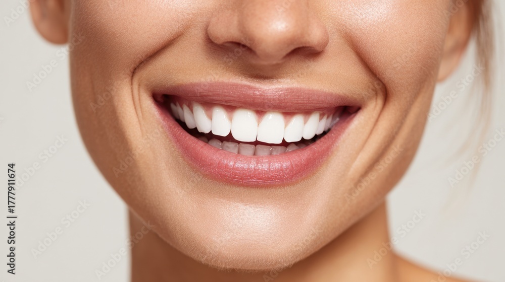 Obraz premium A young woman beams with a joyful smile displaying her flawless white teeth and warmth.