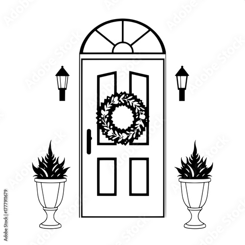 Decorative Wreath Accent

A minimalist black-and-white illustration of a front door featuring a circular wreath at its center, with matching wall lanterns and planters. Clean lines, flat lighting, sym