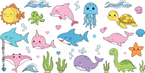 Set of cute sea animals cartoon ocean creatures, marine life vector illustration for kids