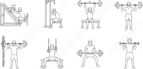 Fitness training line art set of people exercising at the gym
