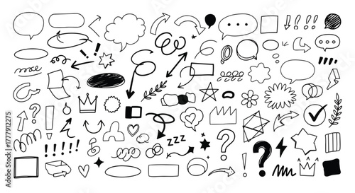 Hand drawn doodle elements set collection of sketch icons, arrows, hearts, stars, speech bubbles