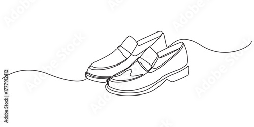 Classic men's shoes in continuous line art drawing style. Dress shoes minimalist black linear sketch isolated on white background. Vector illustration, One continuous line drawing a pair of shoes boot