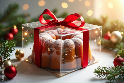Christmas bundt cake in a festive gift box. Bundt cake in a transparent Christmas box. Holiday cake wrapped as a gift. Christmas dessert in a present box.