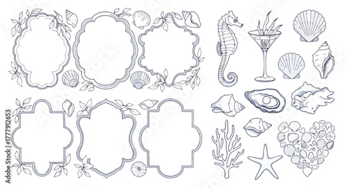 Set of sea and ocean decorative frame and elements, vector illustration seahorse, shell, starfish