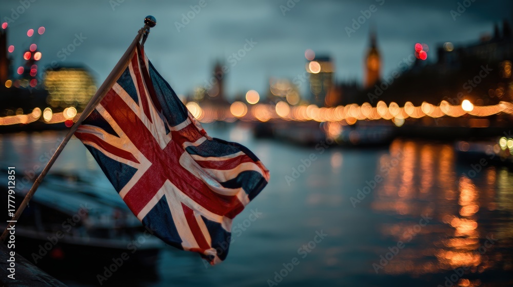 Obraz premium British Flag Fluttering Over Thames at Sunset with City Lights Reflection
