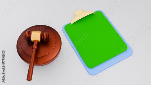 3D Illustration of Judge’s Gavel and Clipboard with Green Paper Representing Legal Decision and Law Documentation Concept